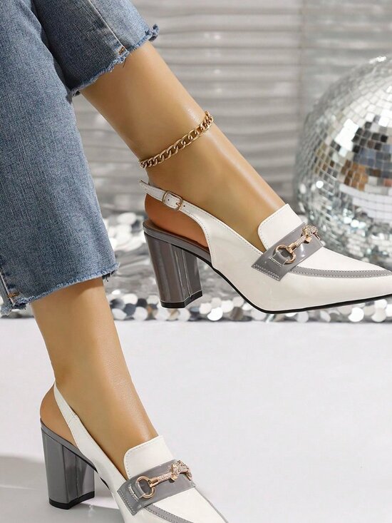 Grey Casual Chunky Heel Women's Pointed Toe Ankle Strap Sandals with Buckle - Picture 3 of 9